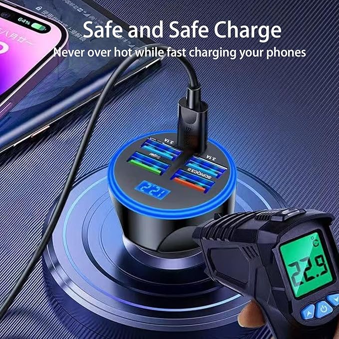 Full PD 30W Multi Port USB C Car Charger Adapter 5 in 1 with Voltage Display, PD4.0/QC4.0/PPS/AFC Super Fast Charging Cigarette Lighter Adapter with Volt Meter for MacBook iPhone Galaxy Android Phones