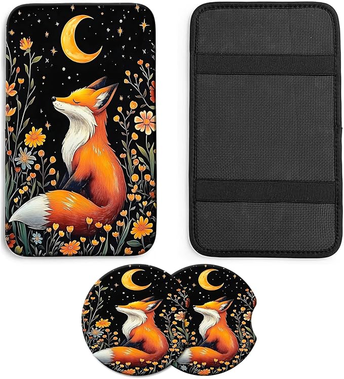 JANENFNA Car Armrest Cover Pads Universal Fashion Cute Auto Center Console Armrest Cover Pad with 2PCS Car Coasters Soft Waterproof Car Armrest Seat Protector for Women,Cute Fox Pattern