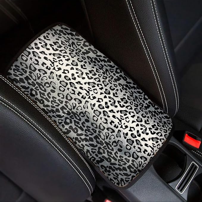 Grey Leopard Armrest Cover Pad Universal Fit