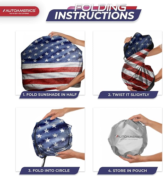 Autoamerics 1-Piece Windshield Sun Shade Grunge American Flag - 3 USA Design - Foldable Car Front Window Sunshade for Most Sedans SUV Truck - Blocks Max UV Rays and Keeps Your Vehicle Cool - Medium