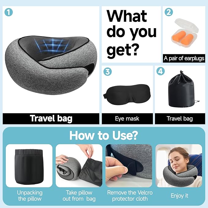 JJSHUANL Travel Pillows for Airplanes,360° Support Stowable Travel Pillow, Neck Pillow Airplane with Memory Foam Portable Travel Neck Pillow for Traveling, Suitable for Airplanes, Offices, and Cars