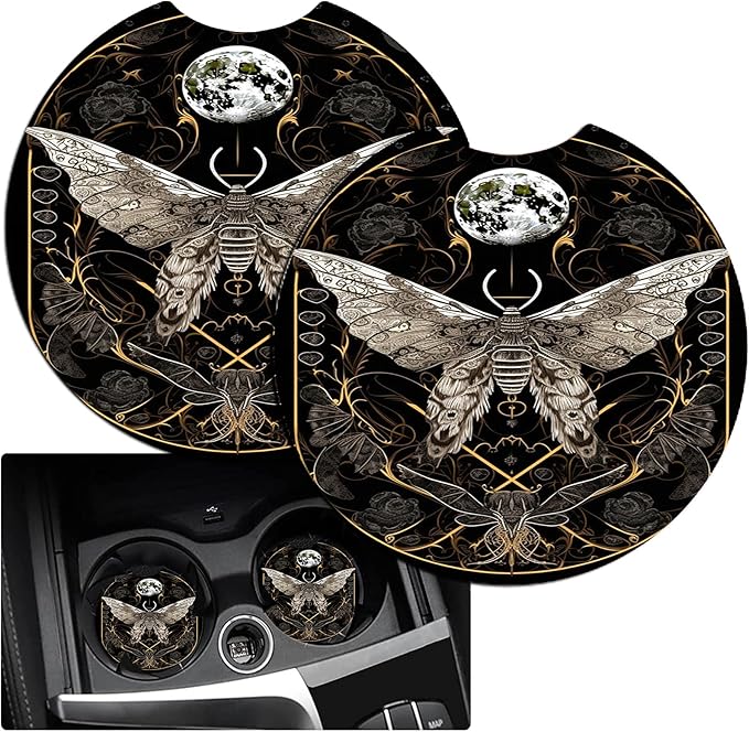 JANENFNA Car Armrest Cover Pads Universal Fashion Cute Auto Center Console Armrest Cover Pad with 2PCS Car Coasters Soft Waterproof Car Armrest Seat Protector for Women,Moth Crescent Moon