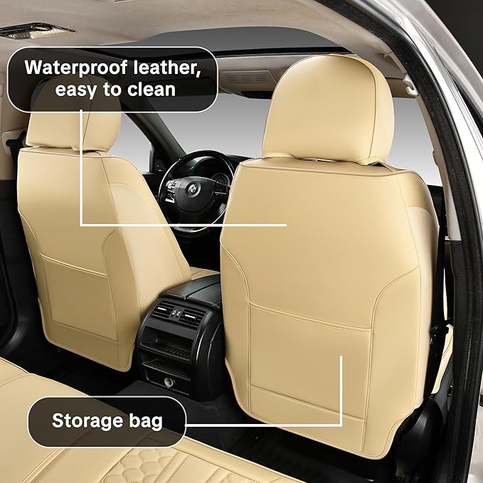 Wertigen Beige Leather Car Seat Covers - Luxury Waterproof Car Seat Protectors with Lumbar Support, Non-Slip Base, Airbag Compatibility, Easy Installation and Cleaning