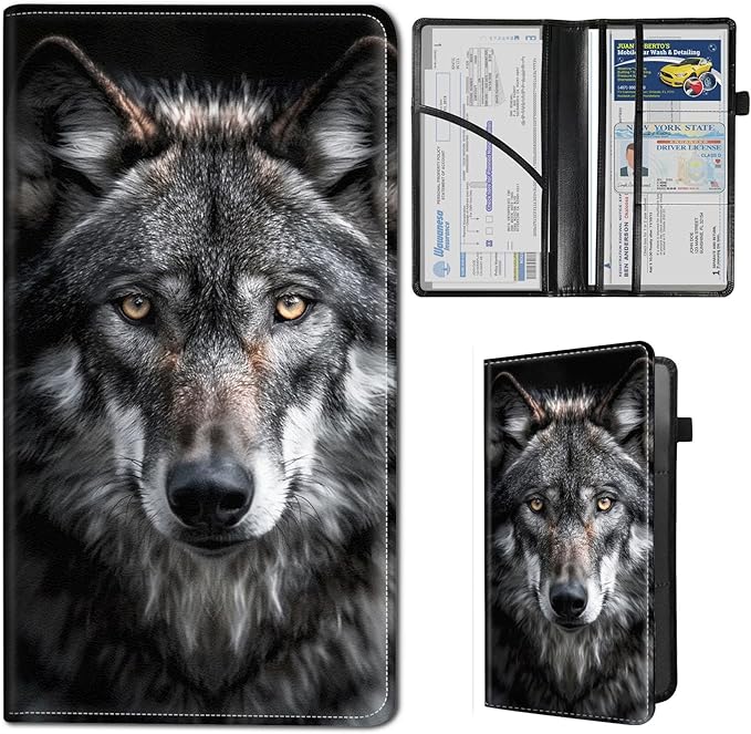 Qindaiwen Car Registration and Insurance Holder, Vehicle Card Document Elastic Band Closure Glove Box Organizer, Driver License Cards, Car Accessories for Essential Info, Grey Wolf 03