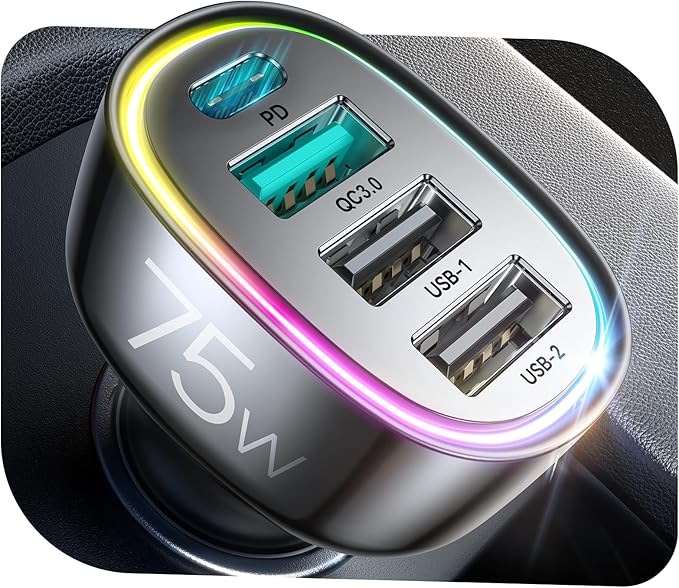 75W Car Charger USB C, 4 Port Super Fast Cigarette Lighter USB Charger, Type C 60W & QC 3.0 Multiport Car Phone Adapter Accessories for iPhone 17/16/15/14/13/12 Pro Samsung S20 S21 S22 S23, Android
