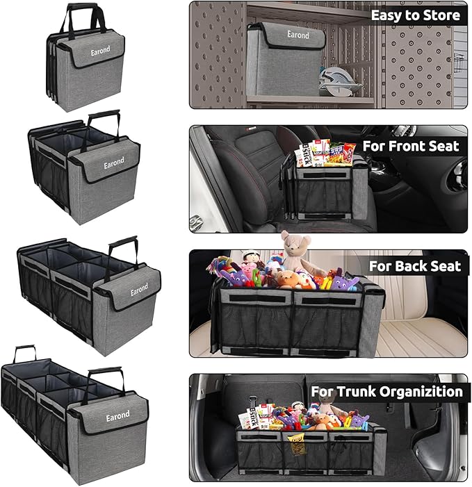 EAROND Collapsible Trunk Organizer with Insulated Leakproof Cooler Bag,Removable Lid,Adjustable Securing Straps,3 Compartments Trunk Organizer for SUV,Truck,Sedan(Light Grey)