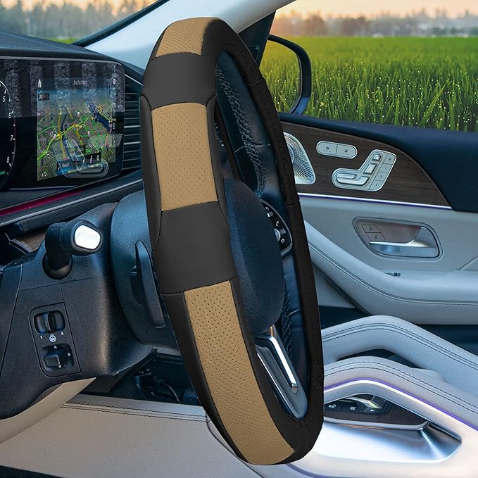 FH Group Universal Fit Deluxe Full Grain Authentic Leather Steering Wheel Cover Fits Most Cars, SUVs Beige Black