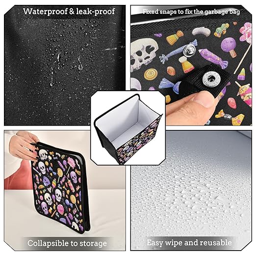 Car Trash Can Organizer Bin with Adjustable Strap for Back Front Seat Console Waterproof Leakproof Collapsible Portable 11 Inch Halloween Skulls Lollipops Candies