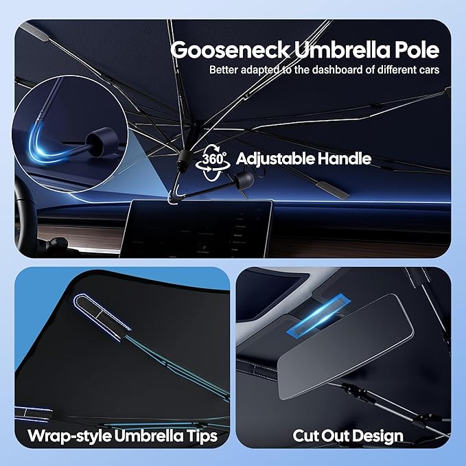 EcoNour Umbrella Windshield Sun Shade for Car | Foldable Umbrella Sun Shield | UV & Heat Protection for Front Window Shade with Storage Pouch | Fits Sedans Truck & SUVs | Medium 57"x 33"
