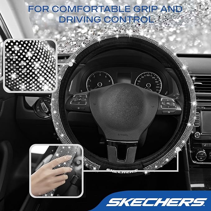 Skechers Women’s Bling Steering Wheel Cover, Velvet with Sparkly Crystal Rhinestones, Stylish Car Interior Gift, Universal Fit 14" 1/2-15" for Cars, SUVs, Trucks, Silver Diamond