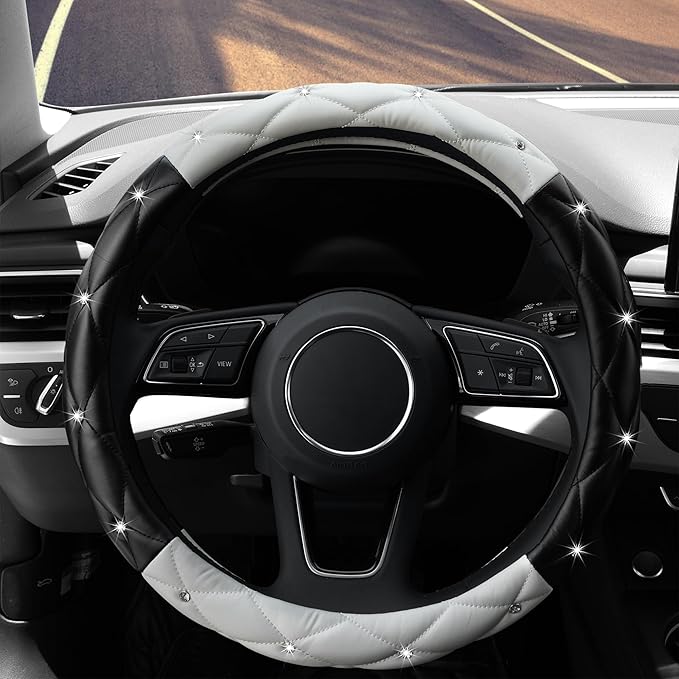 YOGURTCK Cute Diamond Soft Leather Anti-Slip Steering Wheel Cover with Bling Bling Crystal Rhinestones, Universal 15 Inch for Women Girls, Fit Vehicles, Sedans, SUVs, Vans, Trucks - Black and White