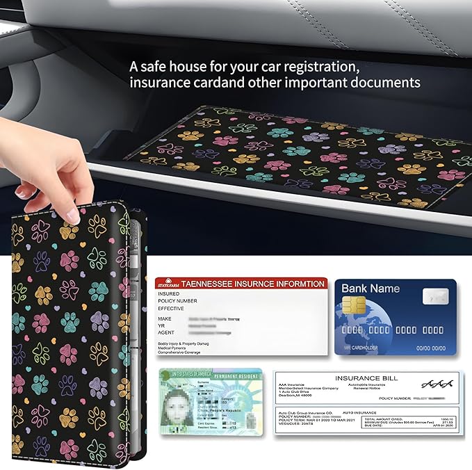 BAUCIWLD Premium Car Registration and Insurance Card Holder, Cute PU Leather Car Document Holder, Vehicle Glove Box Car Organizer with Magnetic Closure for Driver License, Cards Colorful Doodle Paws