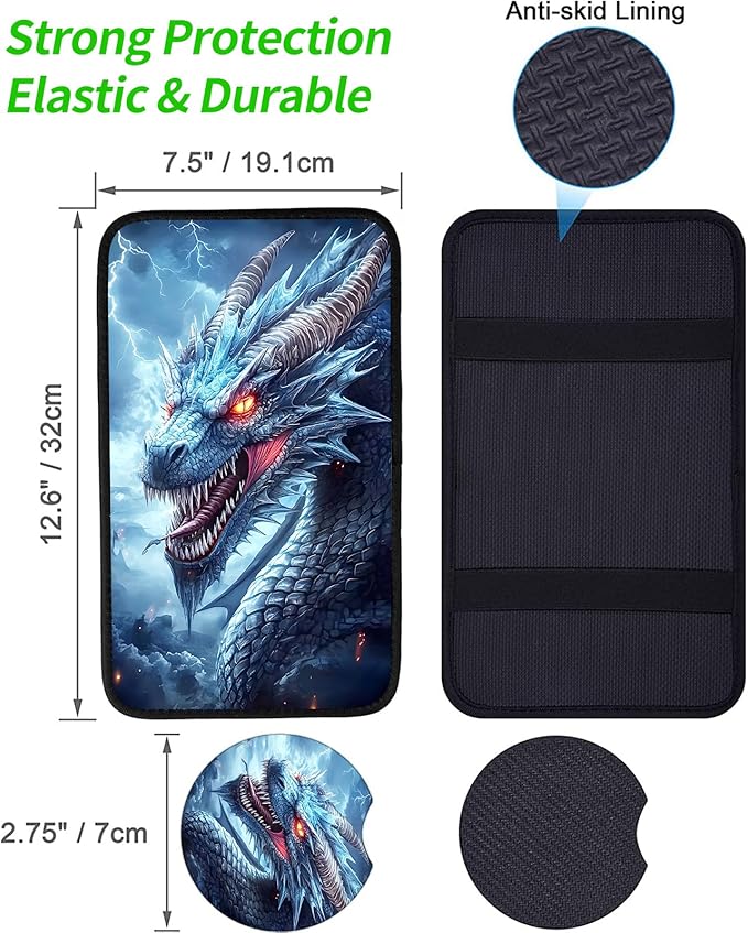 JANENFNA Car Armrest Cover Pads Universal Fashion Cute Auto Center Console Armrest Cover Pad with 2PCS Car Coasters Soft Waterproof Car Armrest Seat Protector for Women,Ice Dragon