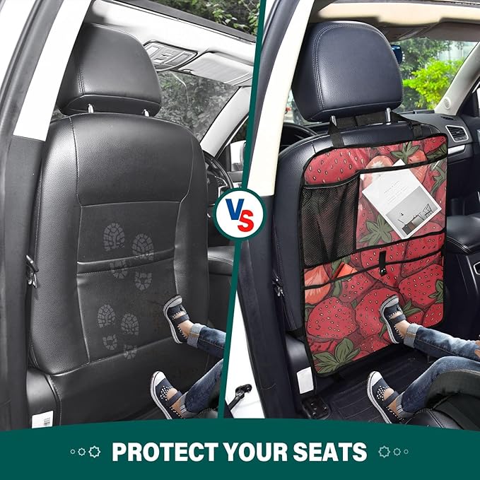 1 Pack Back Seat Car Organizer with Storage Pockets Kick Mats Back Seat Protector Hanging Car Organizer Automotive Seat Back Cover Organizers Cartoon Red Strawberry