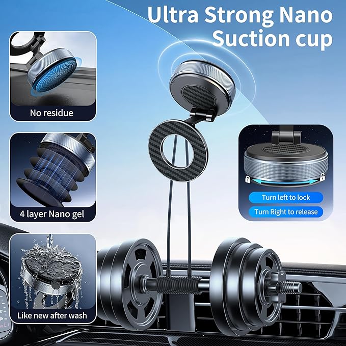 Car Phone Holder for Magsafe, Suction Cup Phone Mount 360° Adjustable Vacuum Magnetic Phone Holder, Cell Phone Holders for Your Car Compatible with iPhone 17 Pro Max 16 15 14 13 12 (Carbon Fiber)