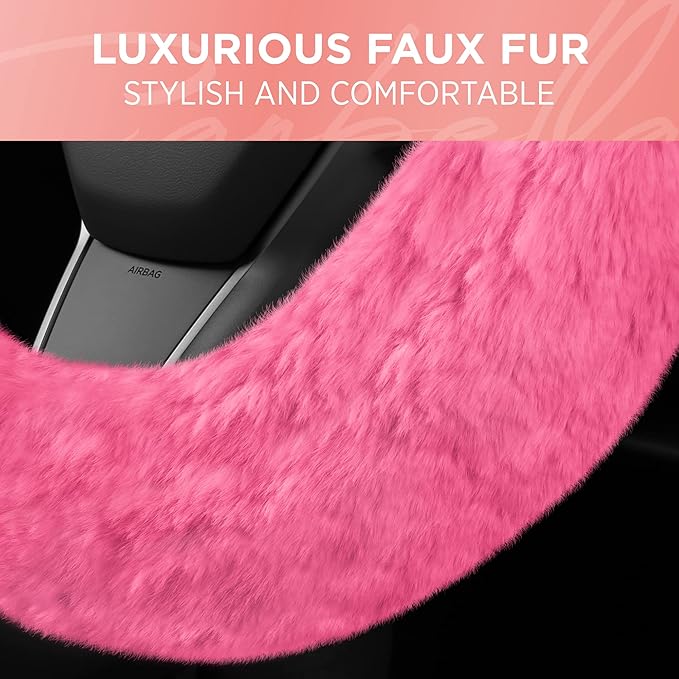 BDK Steering Wheel Covers for Women (Faux Fur - Pink)