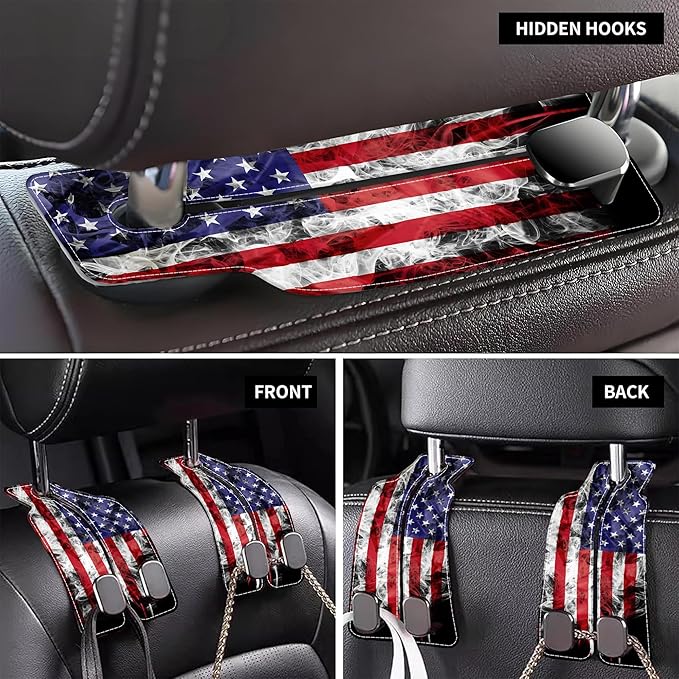 AEWNUNK Car Headrest Purse Hanger Vintage National America Flag 1 Pack Bag Purse Holder for Car Premium Leather Double Metal Hook for Handbags, Grocery Bags and Phones