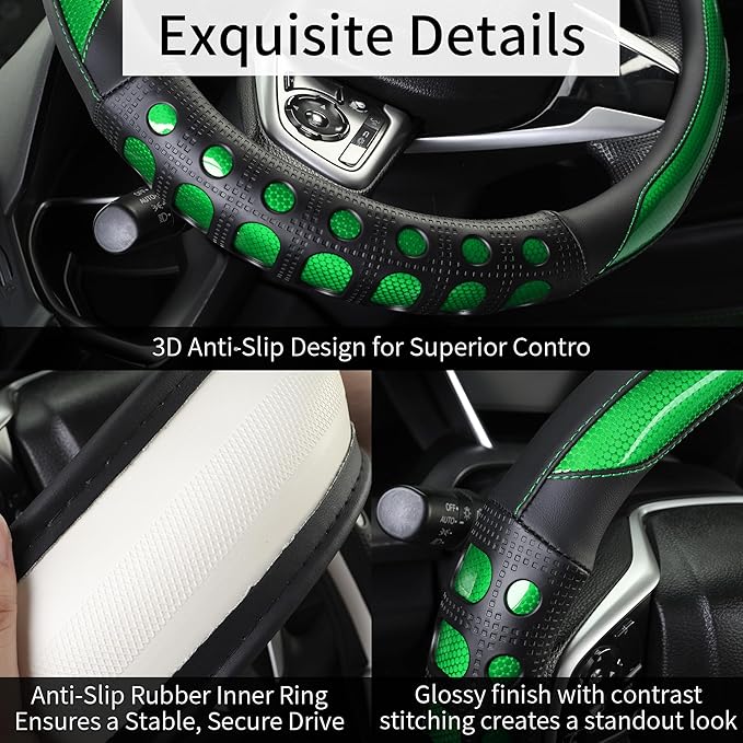 QCYP PU Leather Car Steering Wheel Cover with Anti-Slip Grip, for Women and Men, Universal Fit for 14.5-15 Inch Cars, Trucks, SUVs (Green (Round), Medium(Standard) Size[14 1/2''-15''])