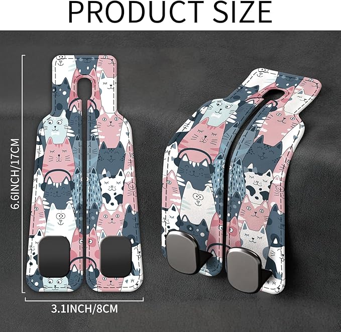 AXBSAKDI Car Seat Back Storage Headrest Hook, Premium Leather Double Metal Hook, Hanger Storage Organizer for Purse Cloth Bag, Car Interior Accessories Cute Funny Cats