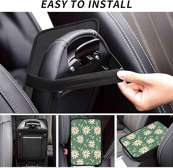 Car Center Console Cover Green Floral Hippie Armrest Seat Console Daisy Sage Green Armrest Lid Cover Arm Rest Covering for SUV Truck Van Sedans Middle Console Cover