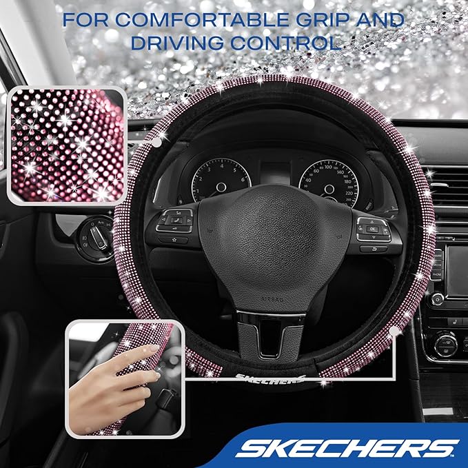 Skechers Women’s Bling Steering Wheel Cover, Velvet with Sparkly Crystal Rhinestones, Stylish Car Interior Gift, Universal Fit 14" 1/2-15" for Cars, SUVs, Trucks, Pink Diamond