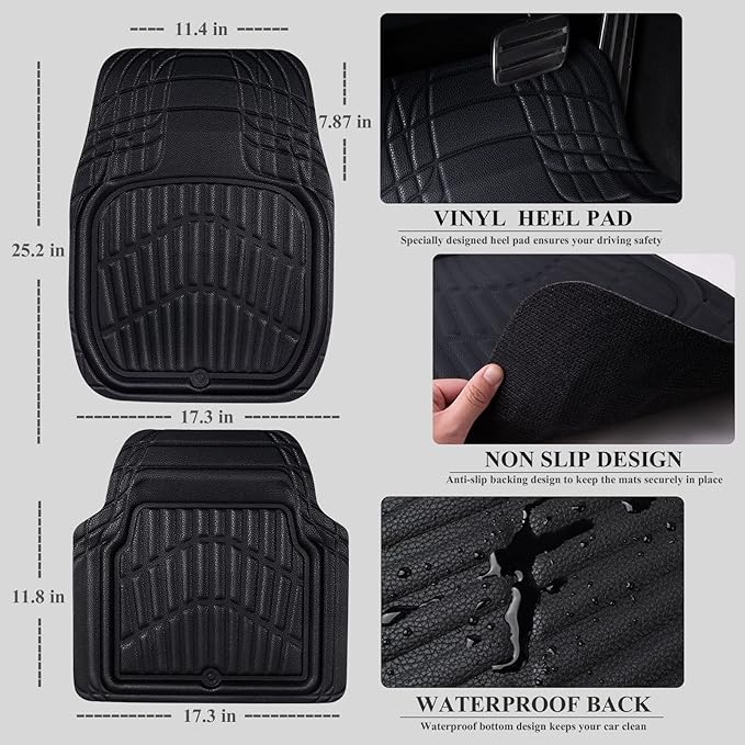 CAR PASS Leather Car Floor Mats -3D Waterproof All Weather Season, Universal Trim to Fit & Anti-Slip Burr Bottom Safety & Light Easy Clean Install for SUV Truck Auto & Durable Luxury (Black)