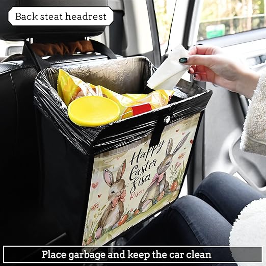 Car Trash Can Organizer Bin with Adjustable Strap for Back Front Seat Console Waterproof Leakproof Collapsible Portable 8.66 Inch Happy Easter Bunny Carrot