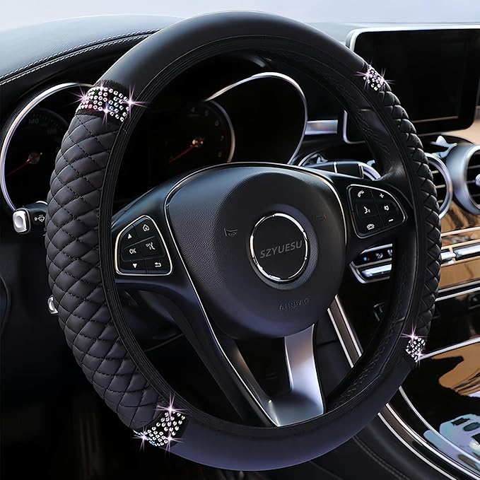 Bling Soft Leather Steering Wheel Cover 15 Inch with Sparkly Diamond Rhinestones for Women and Girls – Elastic Car Accessory for Most Cars (Black)
