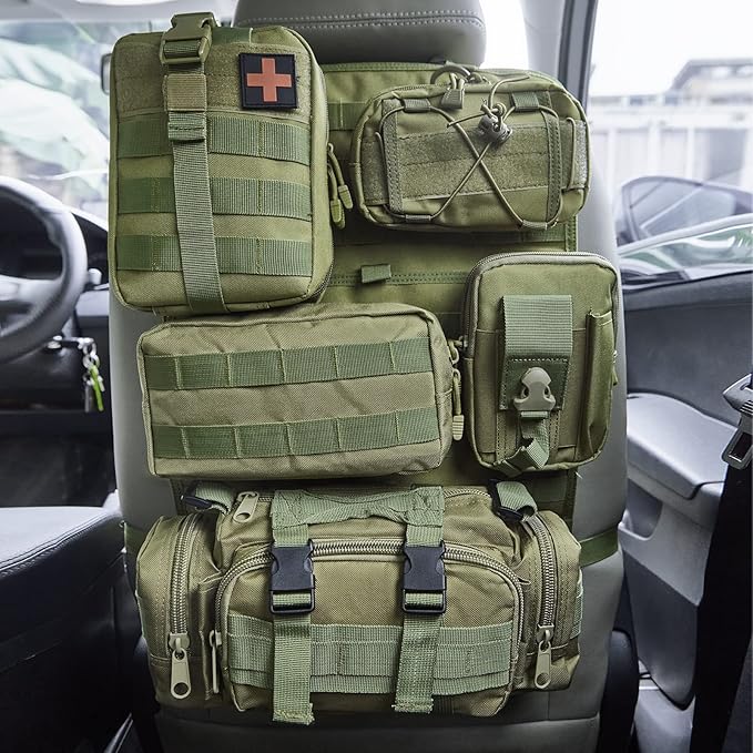 Universal Tactical Seat Back Organizer Vehicle Molle Panel Organizer Storage Bag with 5 Detachable Molle Pouch for All Vehicel Such as Jeep,Truck,SUV, Car, Ford,Chevy etc