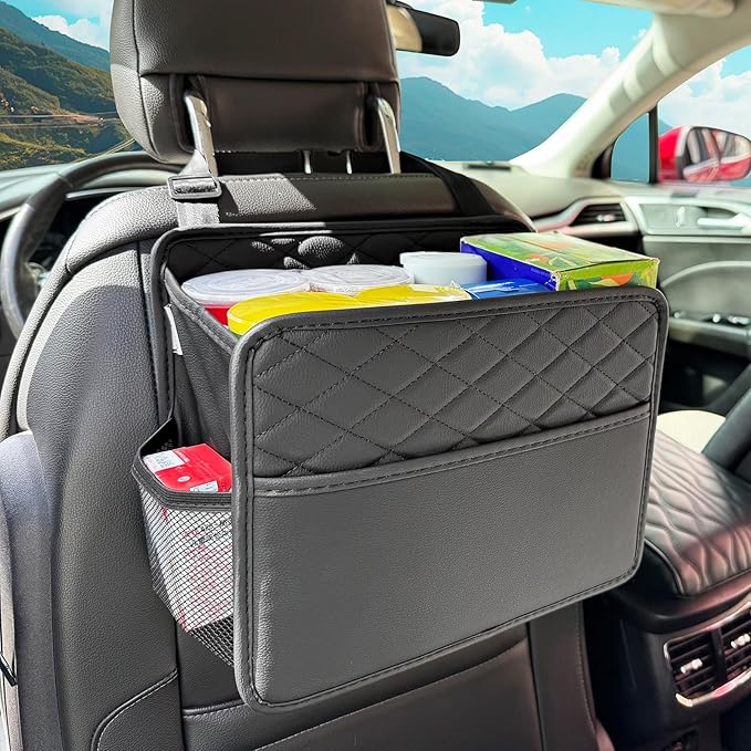 Upgraded Extra Large Car Seat Organizer Backseat with 3 Storage Pockets, Multipurpose Car Organizer Hanging Car Trash Bag Can Premium PU Leather Garbage Can 3 Gallon Large Capacity, Black.