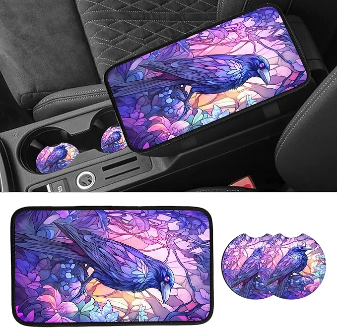 JANENFNA Car Armrest Cover Pads Universal Fashion Cute Auto Center Console Armrest Cover Pad with 2PCS Car Coasters Soft Waterproof Car Armrest Seat Protector for Women,Beautiful Crow