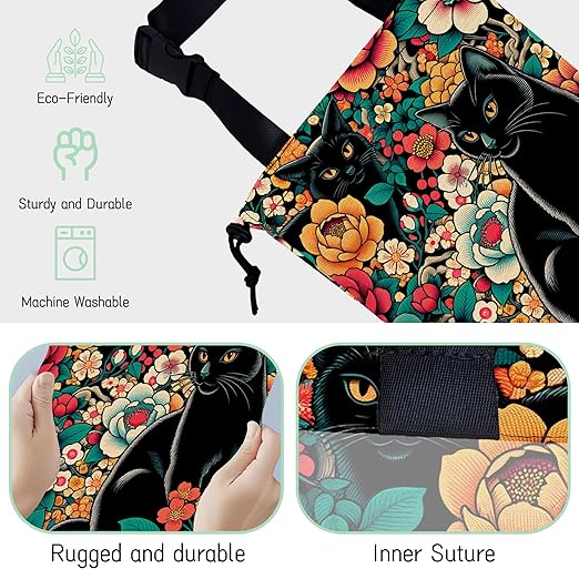 NHNXHWIA Black Cats Car Trash Bag,Tropical Flowers Hanging Drawstring Car Garbage Bag,Waterproof Canvas Car Back Seat Organizer with Adjustable Buckle,for Vehicles,SUVs,Camping,Road Trips