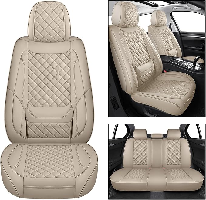 SCOMEE Beige Leather Car Seat Covers Full Set Breathable Seat Protectors Waterproof Automotive Seat Covers Universal Fit for Most Cars SUVs Trucks Vehicles