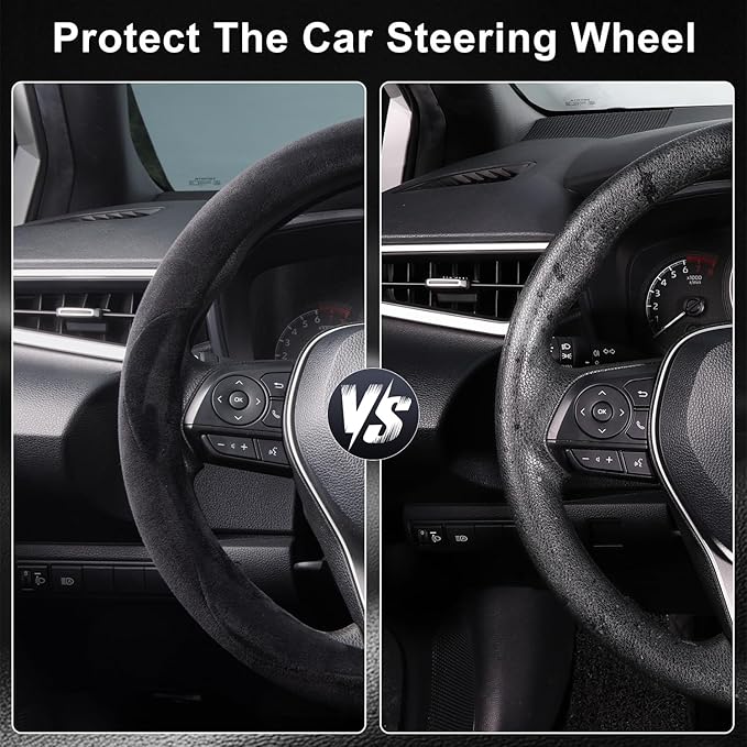 COFIT Plush Steering Wheel Cover Winter, Soft Warm Furry Grip Protector for Cars SUVs Trucks, Fits 14.5-15 Inch, Non-Slip Interior Accessory, Black