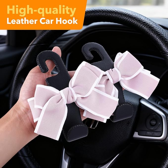 TISOHUGO Car Purse Hook, Cute Bow Hooks for Headrest - Leather U-Shaped Purse Holder for Car, Flexible Seat Back Organizer & Durable Vehicle Accessories for Bags, Coats & More (Black&Pink-2 Pack)