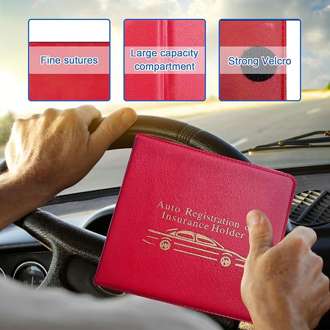 Ziciner Car Registration Insurance Holder, 2Pack Essential Auto PVC Card Document Glove Box Organizer with Velcro Closure, Universal Car Accessories for Men & Women (S-Gold/Red)
