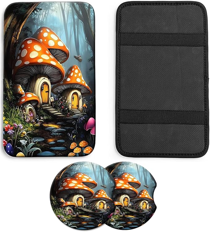 JANENFNA Car Armrest Cover Pads Universal Fashion Cute Auto Center Console Armrest Cover Pad with 2PCS Car Coasters Soft Waterproof Car Armrest Seat Protector for Women,Mushroom House