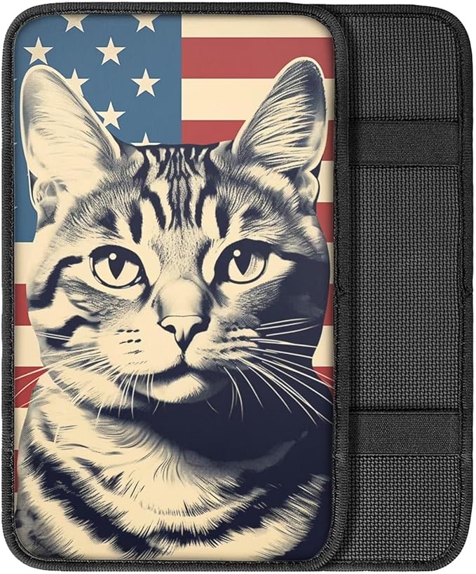 Car Center Console Pad, Universal Waterproof Car Armrest Seat Box Cover, Car Interior Accessories for Most Vehicle SUV Truck Vintage American Flag Cat Car Armrest Pad