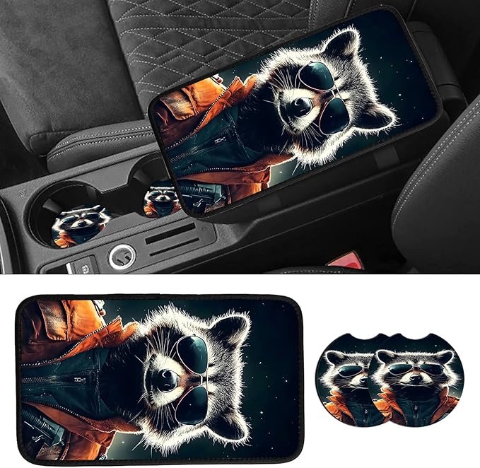 JANENFNA Car Armrest Cover Pads Universal Fashion Cute Auto Center Console Armrest Cover Pad with 2PCS Car Coasters Soft Waterproof Car Armrest Seat Protector for Women,Cool Raccoon Pattern