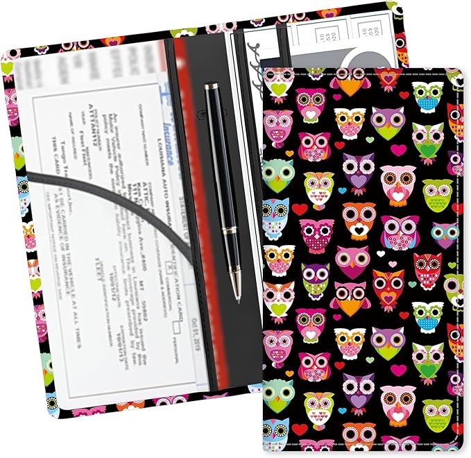 ADUQLZUX Leather Car Registration and Insurance Card Holder, Cute Car Accessories Vehicle Glove Box Car Organizer for Documents, Cards, License Cute Colorful Owls