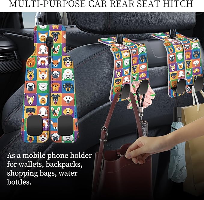 AXRQLSU PU Leather Car Seat Hook, Storage Headrest Hanger, Cute Car Backseat Organizer, Car Hooks for Purses and Bags Colorful Dog Faces