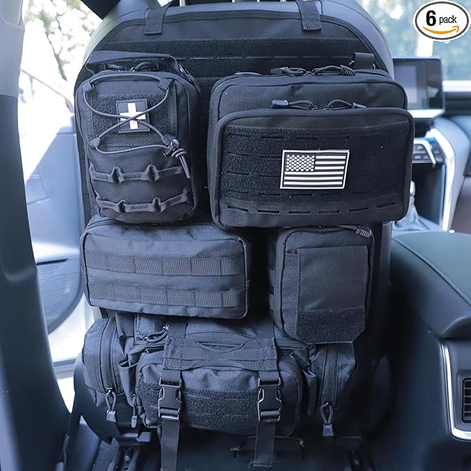 Universal Tactical Car Seat Back Organizer Bag Tactical Molle Vehicle Organizers Panel Vehicle Protector Organizers with 5 Detachable Pouches for Car (Upgraded C Black)