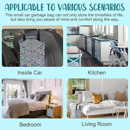 KXWQTRDD Car Garbage Bag Abstract Portuguese Tiles Drawstring Car Trash Bag Hanging for Back Seat with Adjustable Buckle Canvas Vehicle Trash Can Easy-to-Install
