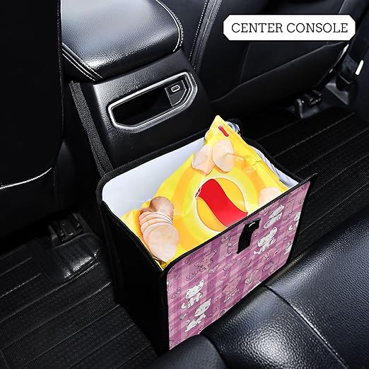 Car Trash Can Organizer Bin with Adjustable Strap for Back Front Seat Console Waterproof Leakproof Collapsible Portable 8.66 Inch Checkered Pink Kittens Hearts Shells