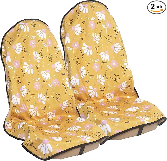 LoyaGour Car Seat Cover Protector Front Seats,for Gym Workout,Running,Swimming,Beach and Hiking,Waterproof Sweat Towel Bucket Seat Covers for Cars SUV Trucks (Chamomile and Yellow, 2Pcs)