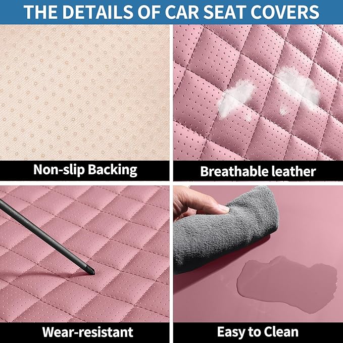 SCOMEE Pink Leather Car Seat Covers Full Set Breathable Seat Protectors Waterproof Automotive Seat Covers Universal Fit for Most Cars SUVs Trucks Vehicles
