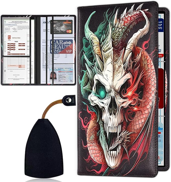 Car Document Holder with Magnetic Shut, Car Registration & Insurance Card Holder, Waterproof PU Leather Glove Box Organizer Vehicle Accessories Driver License for Women/Men, Red Dragon Skull