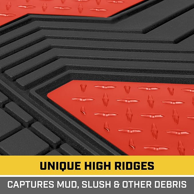 Cat® DiamondShield™ Rubber Floor Mats for Cars Trucks SUV, All Weather Protection, Front and Rear Car Mats with Heel Pad & Anti-Slip Backing, Universal Trim-to-Fit Rubber Floor Mats for Car, Red