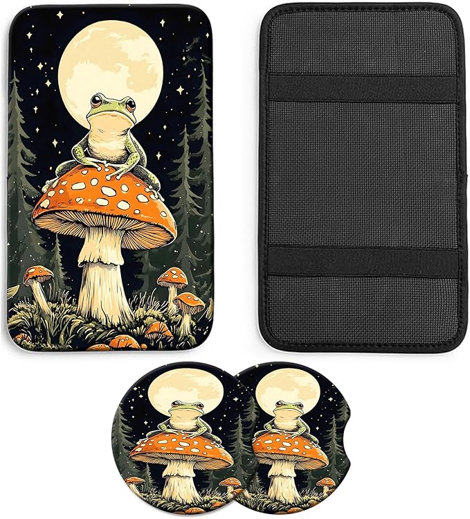 JANENFNA Car Armrest Cover Pads Universal Fashion Cute Auto Center Console Armrest Cover Pad with 2PCS Car Coasters Soft Waterproof Car Armrest Seat Protector for Women,Frog on Mushroom