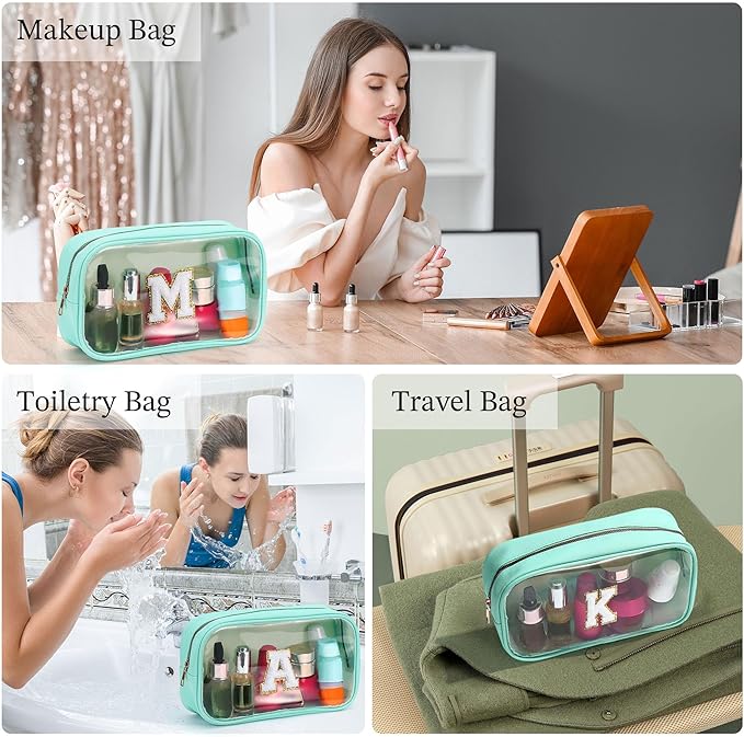 YOOLIFE Initial Make Up Bag Travel Toiletry Bag, Clear Makeup Bags Preppy Cosmetic Bags Organizer Travel Essentials Gifts for Women Teen Girlfriend Teacher Mom Valentines Girl Gift Makeup Case Blue M